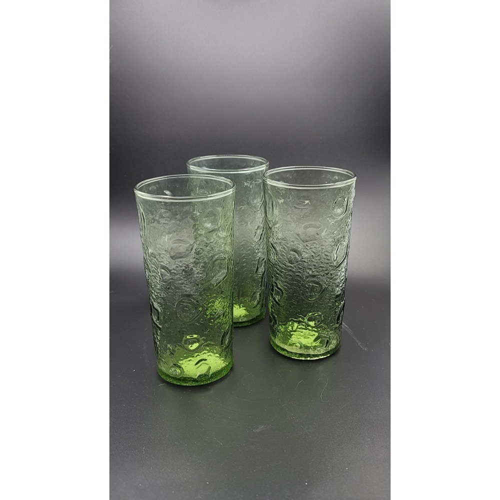 VINTAGE 60's TUMBLER BUBBLE CRATER TEXTURED GLASS ( Avocado Green). Set Of 3.